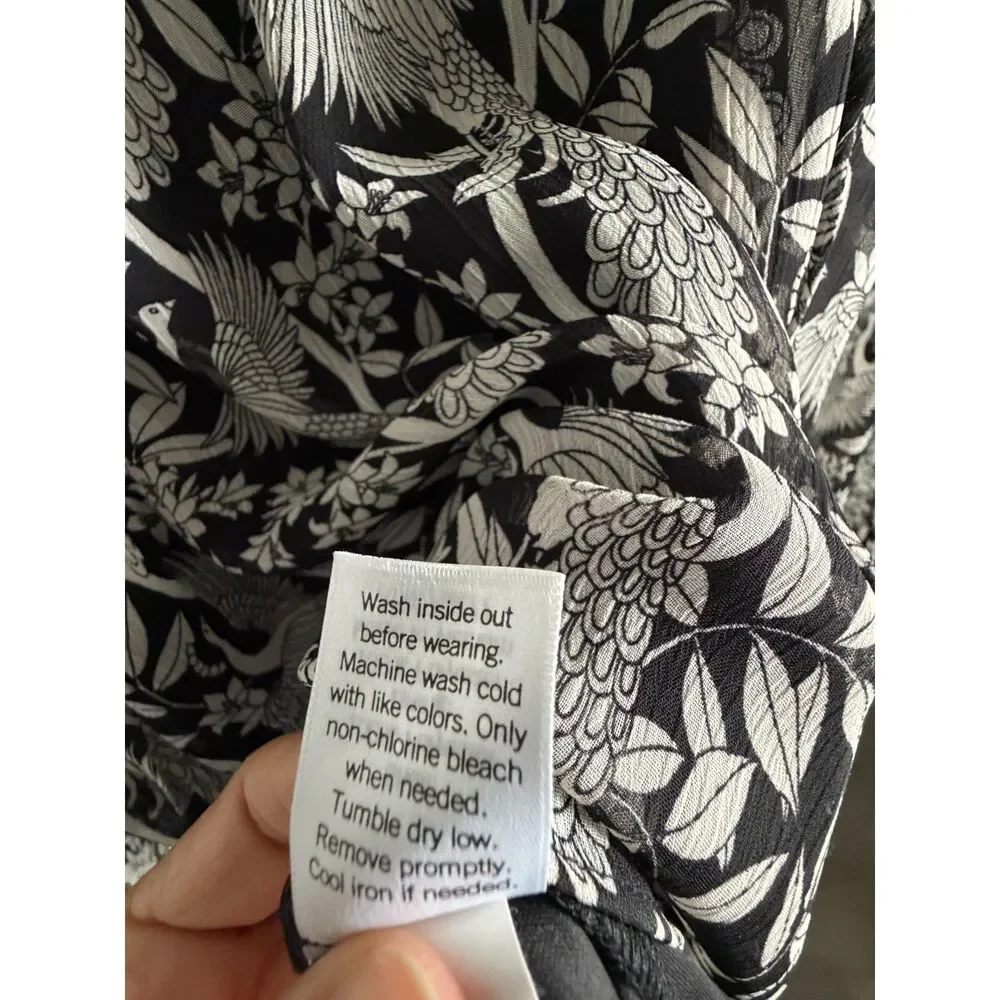 LC Lauren Conrad Black White Bird Print Sheer Peasant Blouse Size M - Picture 6 of 10